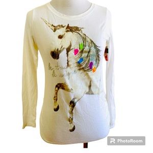 Hanes Girls Graphic Shirred Sideseam Long Sleeve Large White Tee Unicorn